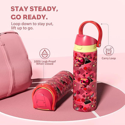 POWCAN 24 oz Insulated Skull Water Bottle: 2-in-1 Lid with Push-Button Spout & Quick-Flip Straw, Leakproof, Car Cupholder Friendly, Stainless Steel for Gym, Travel, Camping (Candy Vandal)