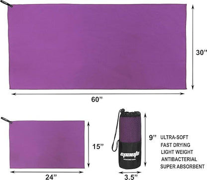 EPAuto 2-Pack Microfiber Quick Dry Towel Set - Lightweight, Super Absorbent & Compact Travel Towels (60"x30" & 24"x15") for Gym, Camping, Beach, Yoga & Backpacking, Purple