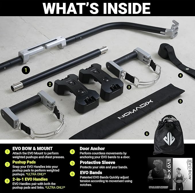 EVO Bow - All in One Portable Home Gym System with Weighted Pushups | Compact Strength Training and Exercise Equipment for Travel with Notched Resistance Bands for Full Body Training | 300lbs (Ultra)