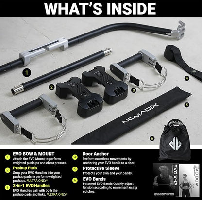 EVO Bow - All in One Portable Home Gym System with Weighted Pushups | Compact Strength Training and Exercise Equipment for Travel with Notched Resistance Bands for Full Body Training | 300lbs (Ultra)
