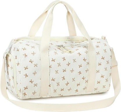 Gym Bag Sports Duffle Bag with Wet Pocket Weekender Overnight Bags with Waterproof Shoe Pouch and Air Hole for Girls Kids Women Workout Travel Bags (Brown Bow - Beige)
