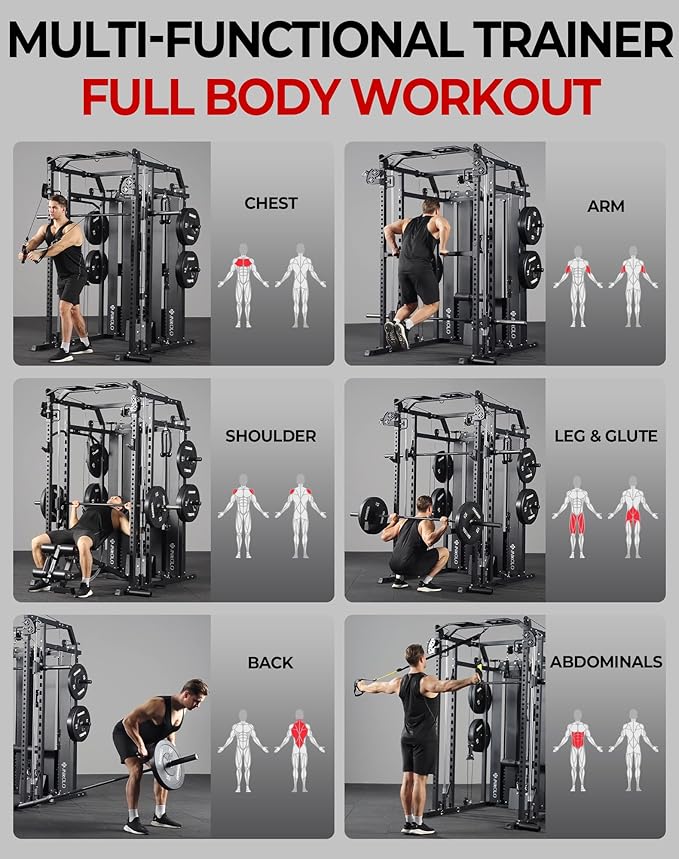 Mikolo Smith Machine with Weight Stack, Power Cage Home Gym System with LAT Pulldown & Cable Crossover, Multi-Functional Trainer with Dual Pulley System, Includes 10+ Free Attachments