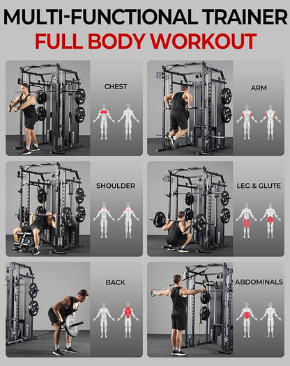 Mikolo Smith Machine with Weight Stack, Power Cage Home Gym System with LAT Pulldown & Cable Crossover, Multi-Functional Trainer with Dual Pulley System, Includes 10+ Free Attachments