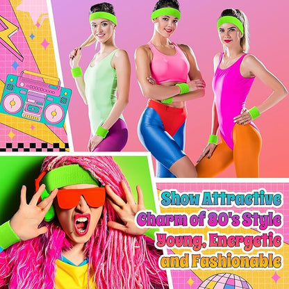 3 Pack Neon Sweatbands Set 80s Wristband and Headband Color War Accessories Sports Sweatbands for Summer Ball Party