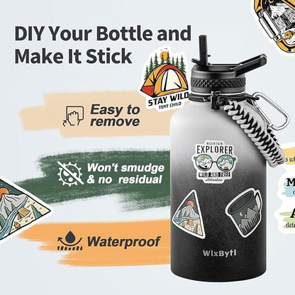64 oz Insulated Water Bottle with Straw (Cold for 48 Hrs), Half Gallon Stainless Steel Triple Wall Vacuum Sports Water Jug, Leakproof Hydro Cup Flask with Straw Spout Lids & DIY Stickers