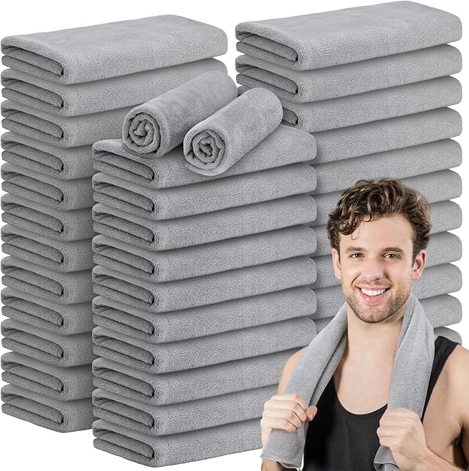 36 Pcs Microfiber Gym Towel 16 x 28 in Bleach Proof Towels Absorbent Soft Sweat Towels Quick Dry Lightweight Towel for Hand Salon Bath Spa Hotel Pool Home Hair Care(Light Grey)