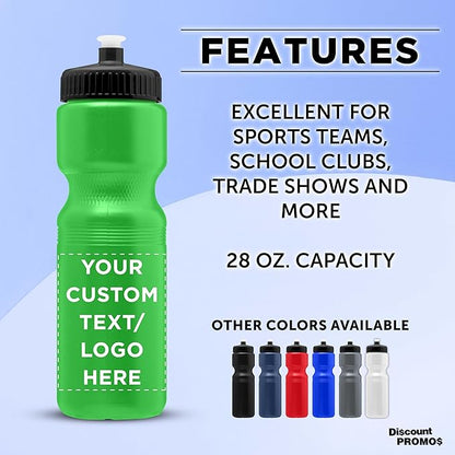 DISCOUNT PROMOS 28 oz. Custom Push Cap Plastic Water Bottles Set of 10/50/100, Personalized Bulk Pack - Perfect for Gym, Hiking, Camping, Outdoor Sports - Neon Green