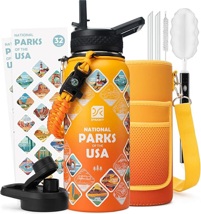 National Parks Water Bottle – 32 oz Insulated Stainless Steel Bottle with 63 Hand-Drawn Park Stickers, Carrier Bag, Strap & Gift Box – BPA-Free – Ideal for Hiking, Camping & Travel