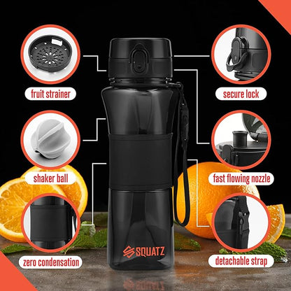 SQUATZ 24 Oz Poseidon Series Water Bottle with Shaker Ball - Premium Quality Wide Mouth Gym Flask w/Fruit Infuser Strainer, Fixed Buckle Carrying Strap, Zero Condensation Sleeve, Black