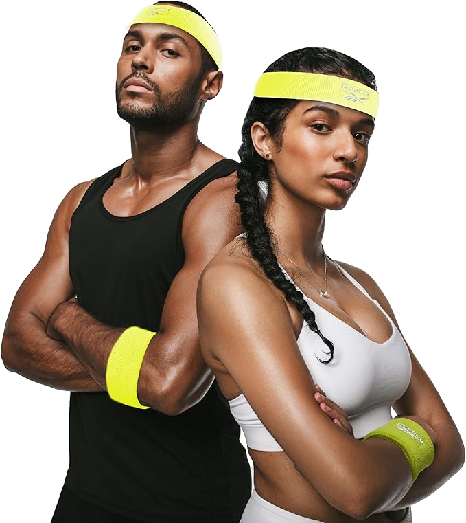3pc Unisex Athletic Sweatband Set - 2.25in Workout Headband & 3.25in Wristbands w/Stay Dry Technology, Terry Cloth Band Moisture-Wicking Fabric | Quality Fitness Accessories for Active Comfort-Reebok