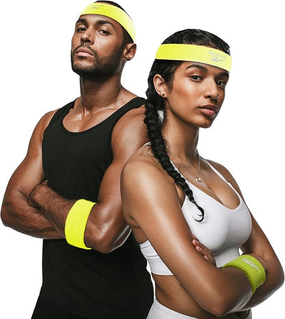 3pc Unisex Athletic Sweatband Set - 2.25in Workout Headband & 3.25in Wristbands w/Stay Dry Technology, Terry Cloth Band Moisture-Wicking Fabric | Quality Fitness Accessories for Active Comfort-Reebok