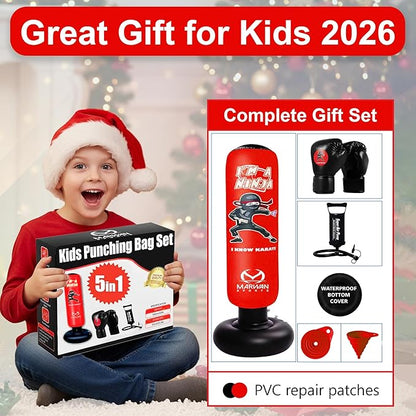 Marwan Sports Punching Bag for Kids with Boxing Gloves Ages 4-12 – 63" Inflatable Boxing Bag for Kids, Fast Rebound Set, Christmas & Birthday Gift for Boys & Girls