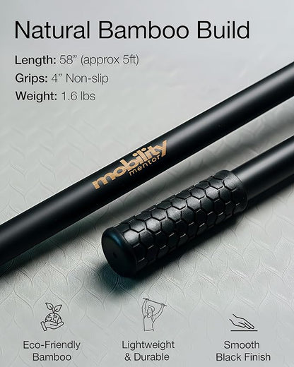 Yoga Stick - 5ft Bamboo Stretching Stick for Mobility with 20+ Video Tutorials - Posture Corrector, Stiffness Relief - Dowel Rod for Physical Therapy, Exercise Stick for Stretching with Non-Slip Grips