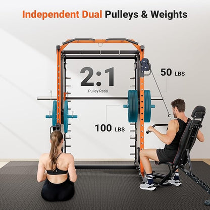 YOLEO Smith Machine & Squat Rack Combo, Multi-Functional Power Racks with Adjustable Width & Pull-Up Bar, Cable Crossover Power Cage, Independent Dual-Pulley System for Home Gym Garage Basement