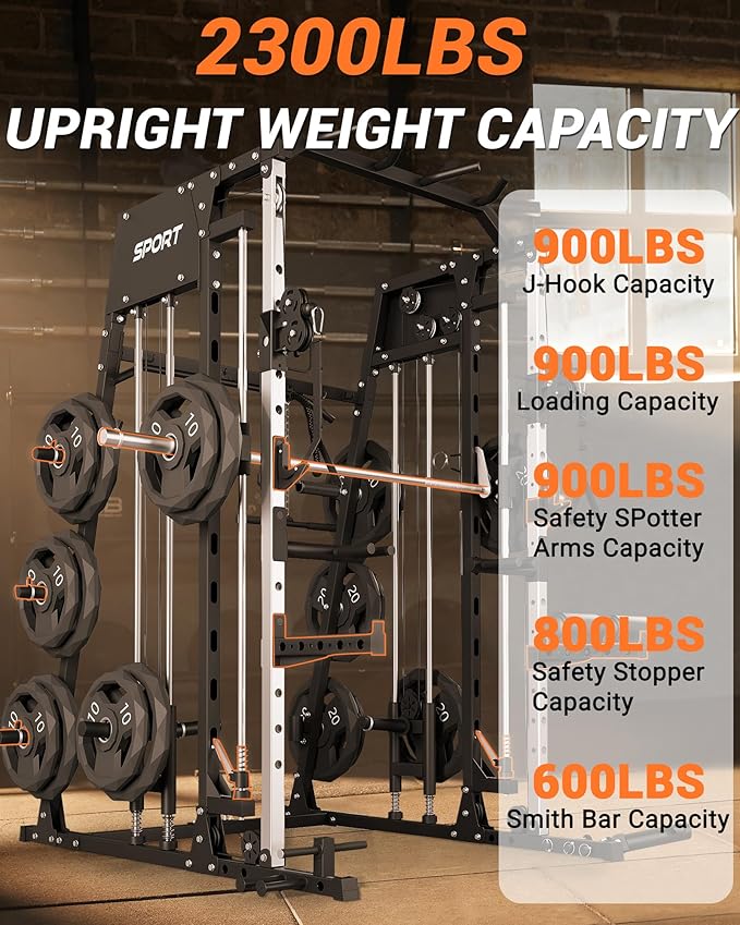 Smith Machines Home Gym with Bench, Squat Rack with Weight Bar, Dual LAT Pull-Down Systems & Cable Crossover Machine for Full-Body Workouts Training, Red & Black