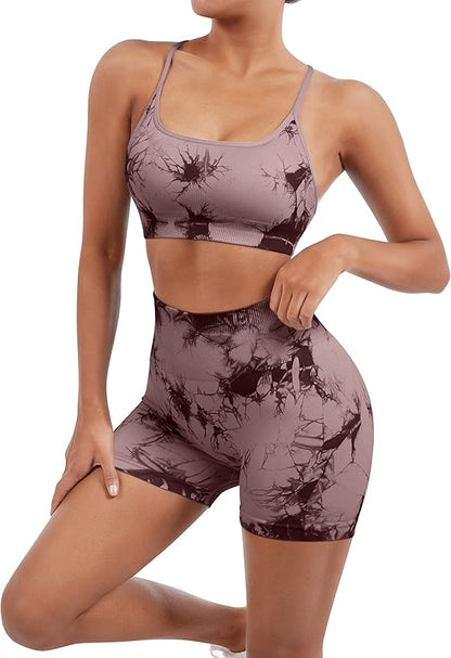 SUUKSESS Women Seamless Workout Sets Strappy Sports Bra High Waist Booty Shorts Outfits