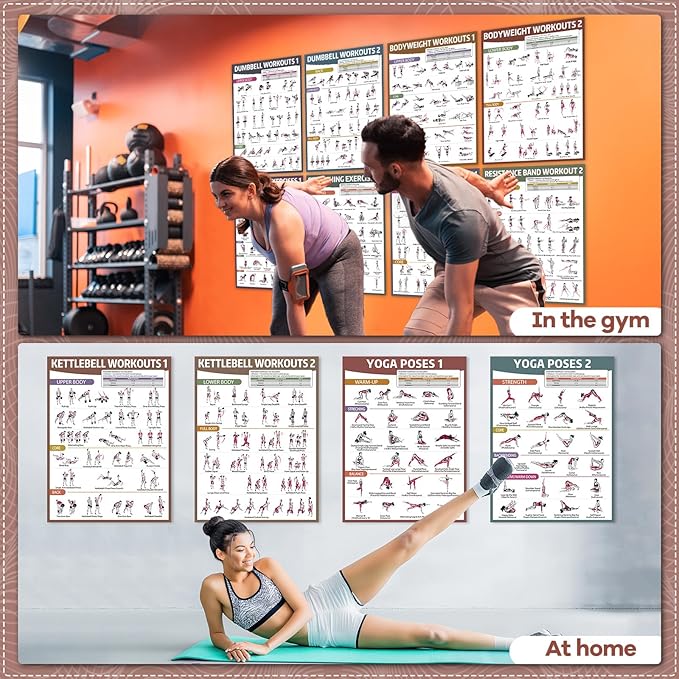 gisgfim 12PCS Workout Posters for Home Gym Dumbbells, Bodyweight, Stretching, Kettlebells, Yoga, Resistance Bands Exercise Chart Muscle Engagement Chart Full Body Workout Poster Set Garage Gym Decor
