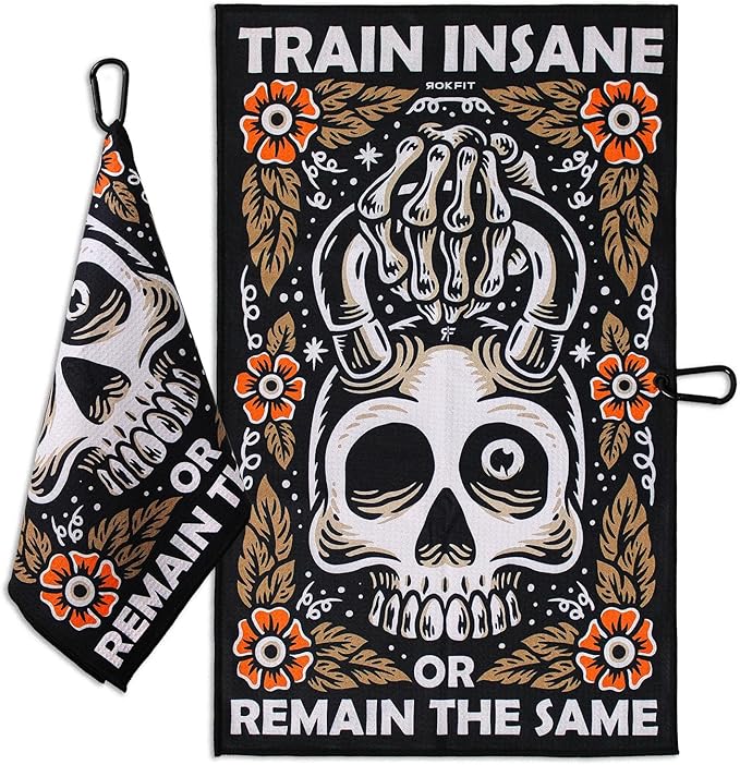 RokFit Gym & Golf Towel – Multi-Use, Quick-Dry, Durable Utility Towel with Bold Graphic and Carabiner Clip (Train Insane or Remain The Same)
