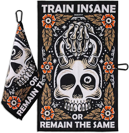 RokFit Gym & Golf Towel – Multi-Use, Quick-Dry, Durable Utility Towel with Bold Graphic and Carabiner Clip (Train Insane or Remain The Same)