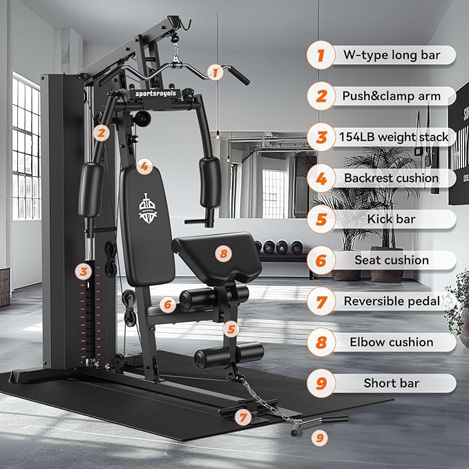 Sportsroyals Home Gym, Multifuntional Workout Station with 150LBS Weight Stack, Full Body Workout Equipment for Home Exercise Fitness