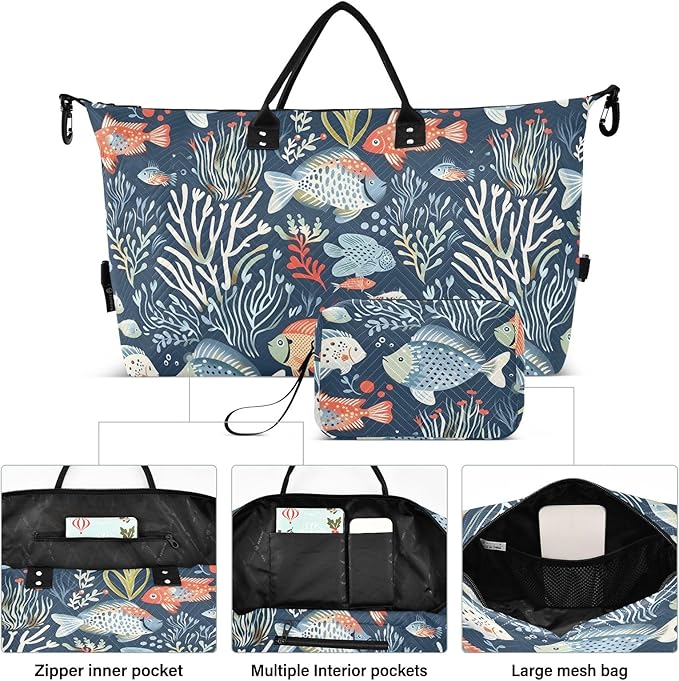 Weekender Bags Travel Duffel Gym Bag Carry on Overnight Tote Bag with Toiletry Bag for Airplane Travel Trip Gym Yoga (Ocean Animals and Plants)