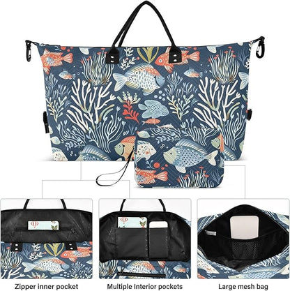Weekender Bags Travel Duffel Gym Bag Carry on Overnight Tote Bag with Toiletry Bag for Airplane Travel Trip Gym Yoga (Ocean Animals and Plants)