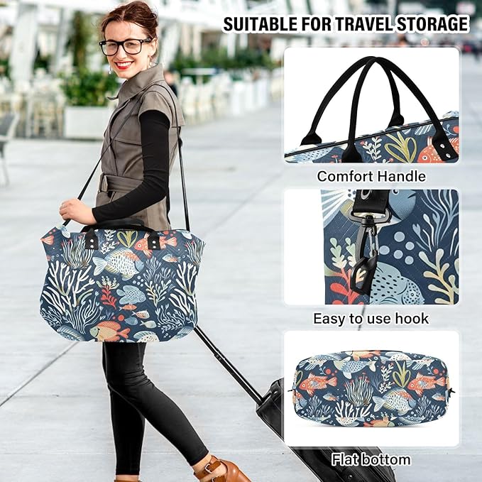 Weekender Bags Travel Duffel Gym Bag Carry on Overnight Tote Bag with Toiletry Bag for Airplane Travel Trip Gym Yoga (Ocean Animals and Plants)