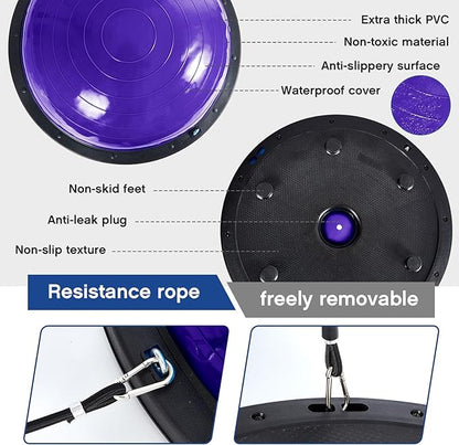 Honoson Half Ball Trainer Yoga Ball with Resistant Band Foot Pump Set, Half Exercise with Fitness Elastic Belt Hedgehog Balance Pods for Core Stability Full Body Workout Gym