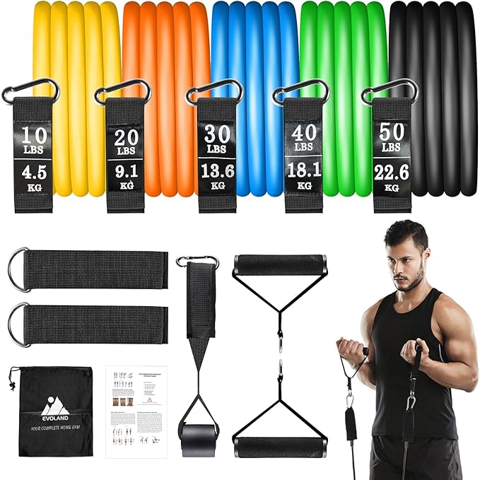 Resistance Bands Set (12pcs), Workout Bands with Handles, Door Anchor, Ankle Straps and Carry Bag, Exercise Bands for Shape Body and Home Workouts