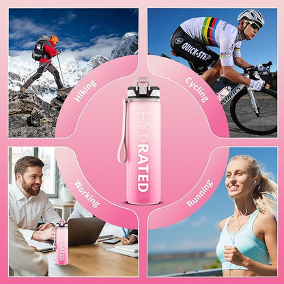 Water Bottle with Straw, 32oz Motivational Water Bottles with Time Marker to Drink, Tritan BPA Free, 1L Sports Water Bottle with Carry Strap LeakProof for Women Gym Fitness Outdoor (1 Pack)