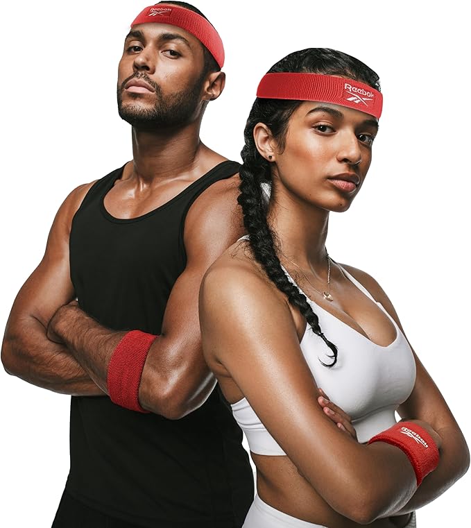 3pc Unisex Athletic Sweatband Set - 2.25in Workout Headband & 3.25in Wristbands w/Stay Dry Technology, Terry Cloth Band Moisture-Wicking Fabric | Quality Fitness Accessories for Active Comfort-Reebok
