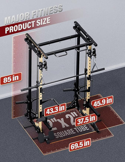 MAJOR FITNESS Drone3 Smith Machine, 2500lbs All-in-One Home Gym Power Rack with Dual Pulley System for Cable Crossover, Pull-Up Bars