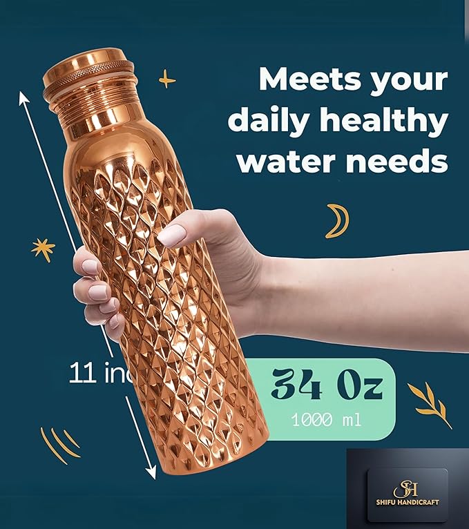 Pure Copper Water Bottle 34 Oz Hammered Copper Water Bottle For Drinking Handcrafted Ayurvedic 100% Vessel For Leak-Proof Lid Bottle for Yoga, Gym, Office & Travel