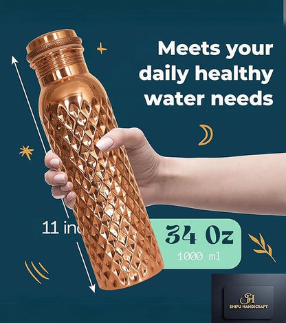 Pure Copper Water Bottle 34 Oz Hammered Copper Water Bottle For Drinking Handcrafted Ayurvedic 100% Vessel For Leak-Proof Lid Bottle for Yoga, Gym, Office & Travel