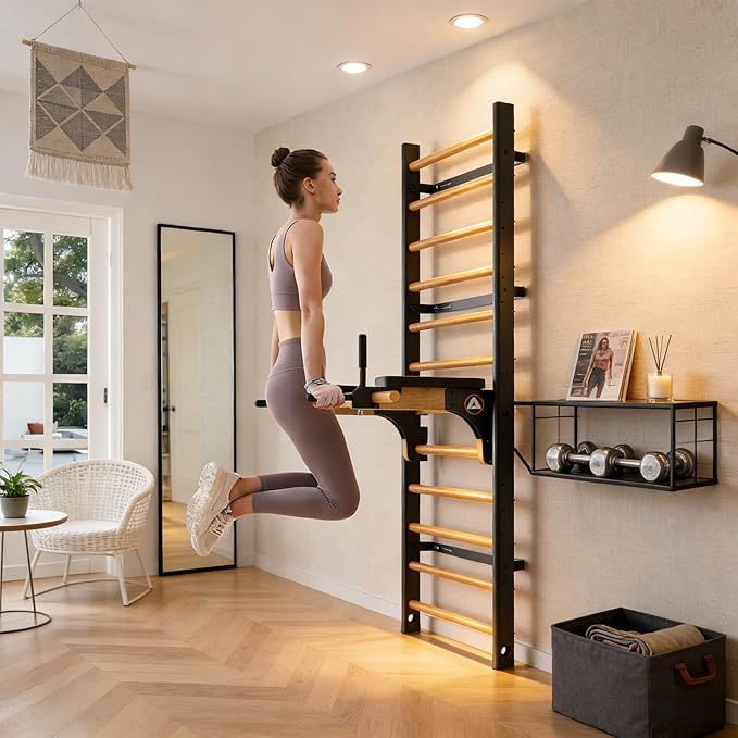Swedish Ladder Pro, Wood Stall Bar with Push-Through Bar, Adjustable Pull-Up Dip Bar for Adults and Kids, Accessories Bundle, Spring, for Home, School, Physical Therapy and Gymnastics