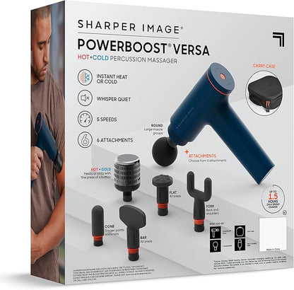 Sharper Image Deep Tissue Percussion Massage Gun, Powerboost Versa Hot & Cold Rechargeable Handheld Massager, 5 Adjustable Speeds, 6 Attachment Heads & Carrying Case, for Muscle Pain Relief, Blue