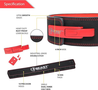 Beast Power Gear Weight Lifting Belt Lever Buckle 10MM 13MM Thick & 4 Inches Free Strap Weightlifting, Powerlifting, Deadlifts, Squats Men Women