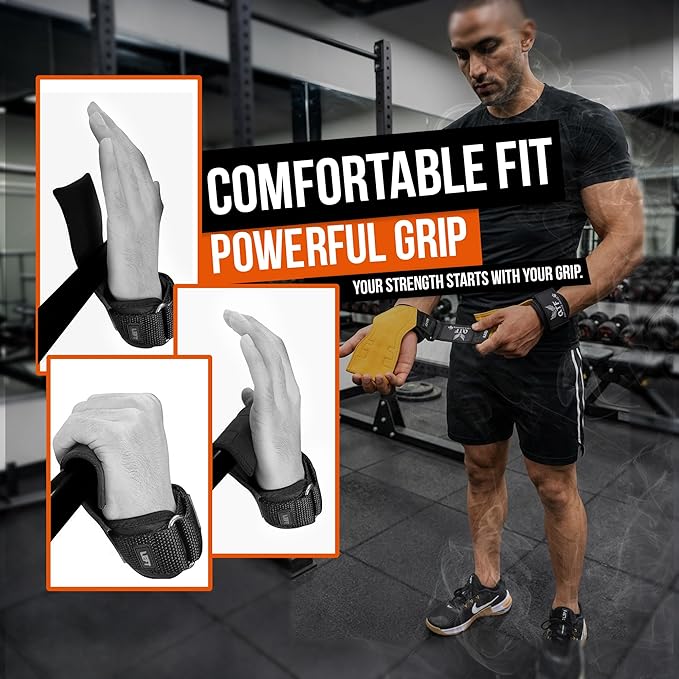 QTF Weight Lifting Grips (Pair) for Heavy Powerlifting, Wrist Straps for Deadlifts, Rows, Pull Ups, with Neoprene Padded Wrist Wraps Support and Strong Rubber Gloves or Straps for Bodybuilding.