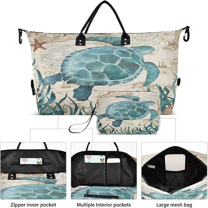 Weekender Bags Travel Duffel Gym Bag Carry on Overnight Tote Bag with Toiletry Bag for Airplane Travel Trip Gym Yoga (Sea Lives Turtle Coral)