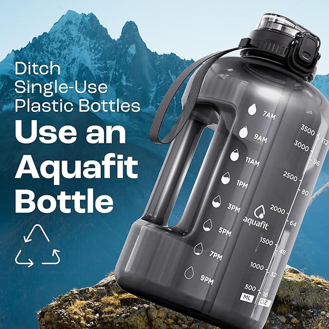 AQUAFIT 1 Gallon Water Bottle with Time Marker - Straw & Chug Lid - BPA Free Gym Water Bottle with Straw - Big Gallon Jug (Nebula, 128 oz - 2in1 Lid)