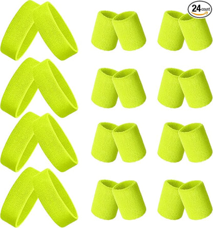 24 Pieces 80s Neon Sweatbands Set, Include 8 Sports Headbands and 16 Sweat Wristbands Elastic Athletic Tennis Sweat Bands Bulk for Man Woman