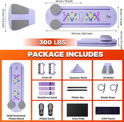 AVOCARDIO Foldable Pilates Reformer Board - Multifunctional 10-in-1 Set - Home Workout Equipment - Portable Home Gym Pilates Kit with Towel, Resistance Bands and Pilates Socks - Push Up and Abs Board