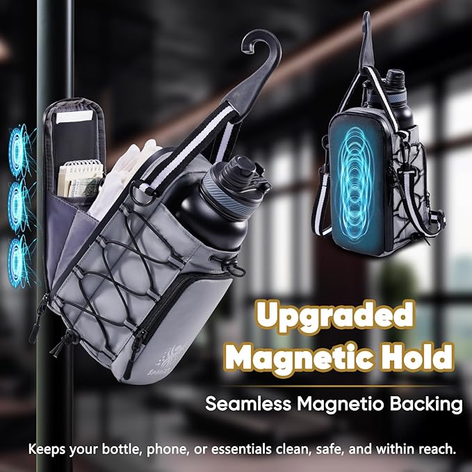 Magnetic Gym Bag for Water Bottle – Fits Up to 46oz, Sling Water Bottle Holder with Strap & Phone Pocket, Magnetic Workout Bag for Gym, Fitness, Outdoor, Men & Women