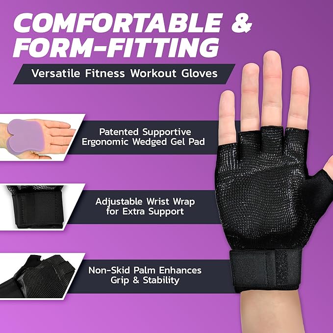 Wrist Support Gloves with Patented Ergonomic Gel Pad and Wrist Wrap for Women and Men's Workouts