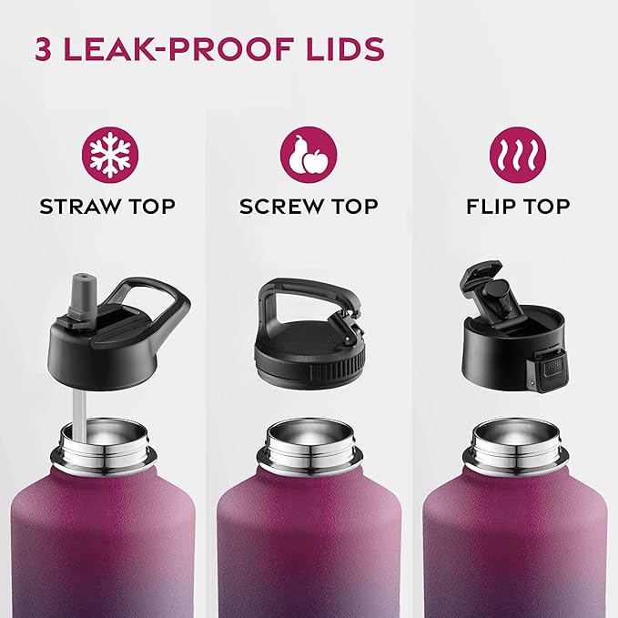 FineDine Triple Walled, Insulated Water Bottles with Straw - 64 Oz Stainless Steel Metal Bottle W/ 3 Leak Proof Lids - For Travel, School, Sports, Gym / Men, Women & Kids - Dreamy Purple