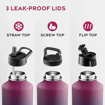 FineDine Triple Walled, Insulated Water Bottles with Straw - 64 Oz Stainless Steel Metal Bottle W/ 3 Leak Proof Lids - For Travel, School, Sports, Gym / Men, Women & Kids - Dreamy Purple
