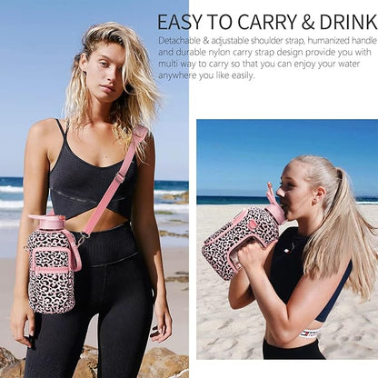 Fimibuke Half Gallon Water Bottle with Sleeve 64 OZ Water Bottle with Handle & Straw Leakproof Motivational Sports Gym Water Bottle with Time Marker BPA Free Water Jug with Reusable Neoprene Holder