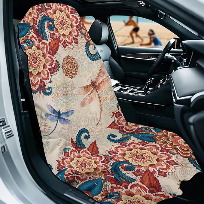Bulopur Boho Floral Dragonfly Car Seat Towel Cover After Gym Workout Beach Swimming Sweating Car Seat Cover Fits for Car SUV Sedan Truck Front Seats