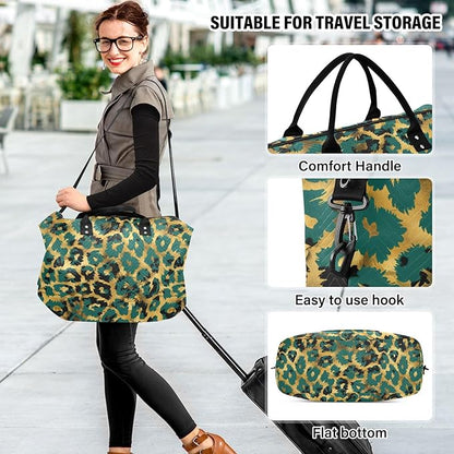 Weekender Bags Travel Duffel Gym Bag Leopard Green Skin Animal Carry on Overnight Tote Bag with Toiletry Bag for Airplane Travel Trip Gym Yoga