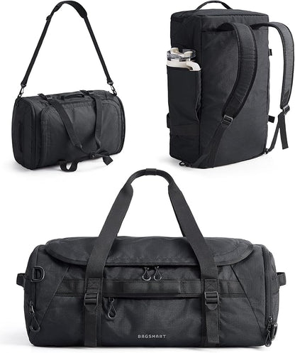 BAGSMART 4-IN-1 Duffle Bag for Travel, 40L Travel Bag Gym Duffle, TSA Carry on Backpack with Shoes Compartment & Wet Pocket, Water-resistant Workout Duffel, Black